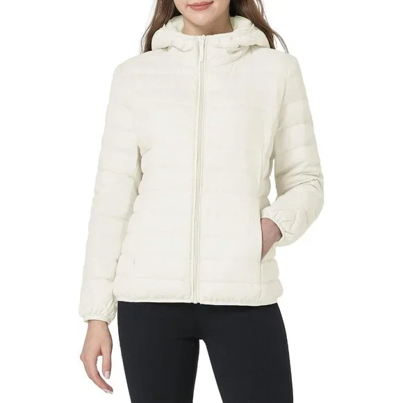 Women's Light Beige Short Down Hooded Puffer Jacket Coat Fabric Packable Ultra